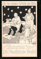 Delcampe - Künstler-AK Basel, Absolvia Maturität 5a Ob. Realschule, In Der Hohen Schule Geritten - Basel