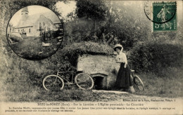 Delcampe - CPA Bézu La Forêt Eure, Sur La Levrière, Église Paroissiale, Le Cimetière, Femme Avec Un Vélo - Sonstige & Ohne Zuordnung