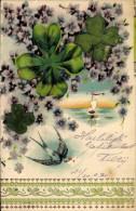 Delcampe - Gaufré Material CPA Schwalbe, Segelboot, Glücksklee, Blumen - Sonstige & Ohne Zuordnung
