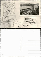 Delcampe - Ansichtskarte Genf Genève Pin-up Illustration Mit Stadtansicht Von Genf 1955 - Autres & Non Classés