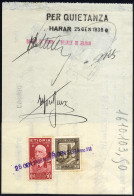 Delcampe - Cover 1938, Assegno Bancario Emesso A Harar 25.1.1938 Quitanziato Al Verso Con Etiopia Sass. 5 + Somalia Sass. 219, Non - Somalia