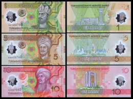 Delcampe - Turkmenistan 1-5-10 Manat 2025/2026, Polymer, Commemorative, AA First Prefix, 3 Pcs Per Set UNC - Turkménistan
