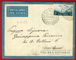 Delcampe - SP419 ITALIA REGNO ERITREA LIRE 2 POSTA AEREA 1937 VIA ALA LITTORIA DA ASMARA A MILANO - Eritrea