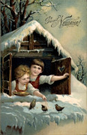 Delcampe - CPA Glückwunsch Neujahr, Kinder Füttern Vögel - Neujahr