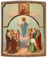 Delcampe - RUSSIE - ICÔNE , XIXÈME ,  L'ASCENSION DU CHRIST AVEC LA VIERGE DE KAZAN - Oelbilder