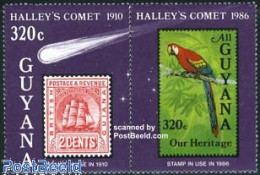Delcampe - Guyana 1986 Halleys Comet 1v+tab, Mint NH, Nature - Science - Transport - Birds - Parrots - Astronomy - Stamps On Stam.. - Astrologie