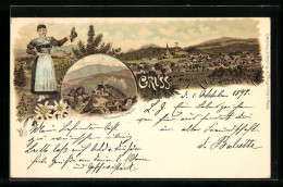 Delcampe - Lithographie Miesbach, Gesamtansicht, Wendelstein-Kirchlein, Miesbacherin - Miesbach