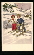 Delcampe - AK Zwei Kinder Fahren Ski - Wintersport