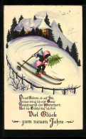 Delcampe - AK Kind Fährt Mit Einem Tannenbaum Ski, Neujahrsgruss - Wintersport