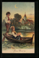Delcampe - Präge-Künstler-AK Ave Maria, Zwei Kinder Auf Einem Ruderboot Bei Mondschein - Rudersport