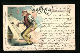 Delcampe - Lithographie Gut Holz!, Mann Beim Kegeln - Bowling