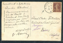 Delcampe - Oblitération Trésor Et Postes Sur Carte Postale De Sarrebruck Pour L'Algérie Et Redirigée Vers La Corse En 1921 - Lettres & Documents