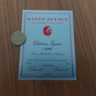 Delcampe - Etiquette Vin 1989 « Saint-Julien - Château Teynac - F & Ph. PAIRAULT - Saint Julien-Beychevelle (33)» Numéroté (lion) - Bordeaux