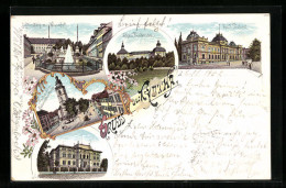 Delcampe - Lithographie Gotha, Schlossberg M. Wasserfall, Kaisl. Postamt - Gotha