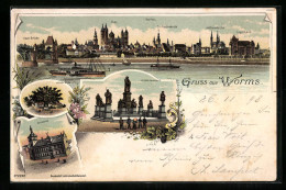 Delcampe - Lithographie Worms, Rathhaus, Totalansicht, Luther-Denkmal - Worms