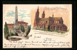 Delcampe - Lithographie Worms, Liebfrauen-Kirche, Ludwigsdenkmal - Worms