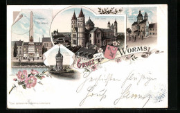 Delcampe - Lithographie Worms, Dom, Paulus-Museum, Ludwig-Denkmal - Worms