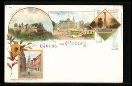 Delcampe - Lithographie Coburg, Schloss Ehrenburg, Spital-Thor, Krieger-Denkmal - Coburg