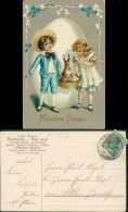 Delcampe - Ostern Easter Junge Und Mädchen Tragen Korb Mit Hasen 1906 Gold - Ostern