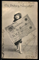 Delcampe - AK Kind Mit Riesigem Geldschein, Reichsbanknote 100 Mark - Monnaies (représentations)