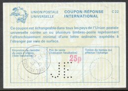 Delcampe - JERSEY CHANNEL ISLANDS La22H Perfin JE And HS Red 25p  Int. Reply Coupon Reponse Antwortschein IRC IAS 13.03.79 - Jersey