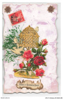 Delcampe - ATZP1-0026-FANTAISIE - Bonne Et Heureuse Annee - Fleurs - Cage - Oiseaux - Bestickt