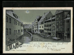 Delcampe - Mondschein-Lithographie Ulm, Ortspartie An Der Blau - Ulm