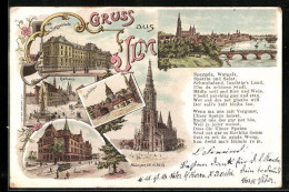 Delcampe - Lithographie Ulm / Donau, Rathaus, Zundelthor, Justizgebäude, Saal Bau - Ulm