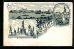 Delcampe - Lithographie Worms, Totalansicht Mit Lutherdenkmal, Ludwig IV. Denkmal - Worms