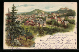 Delcampe - Lithographie Blankenburg /Harz, Ortsansicht Mit Hirschen Am Waldrand - Blankenburg