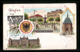 Delcampe - Lithographie Aachen, Kaiserplatz Und Kaiserbrunnen, Justizgebäude, Wappen - Aachen