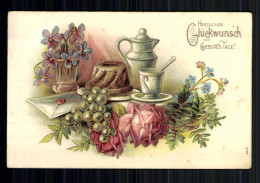 Delcampe - Glückwunsch Zum Geburtstag, Kaffeegedeck, Kuchen, Brief, Prägekarte - Geburtstag