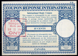 Delcampe - CANADA  Lo17A  15 CENTS  International Reply Coupon Reponse Antwortschein IRC IAS CRI  O TORONTO 18.02.66 - Antwortcoupons
