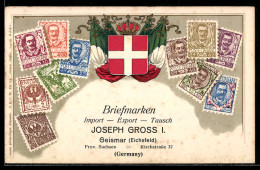 Delcampe - Präge-AK Italien, Briefmarken Mit Wappen, Briefmarken Import, Export & Tausch Joseph Gross - Briefmarken (Abbildungen)