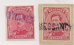 Delcampe - 138 OP FRAGMENT+138a MET LANGSTEMPEL AFSTEMPELING HAVINNES+MESSANCY - 1915-1920 Albert I