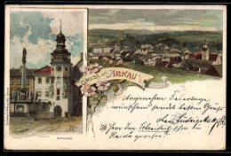 Delcampe - Lithographie Arnau / Hostinne, Rathaus, Teilansicht - Tchéquie