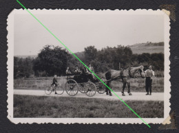 Delcampe - Jolie Photographie Attelage Et Famille Départ De Caroux - Carroux ?? A Situer -1952 ' 8,7x6,1 Cm - Places