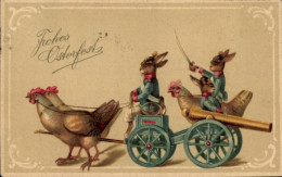 Delcampe - Gaufré Lithographie Glückwunsch Ostern, Hühnerwagen, Hasen In Uniform - Ostern
