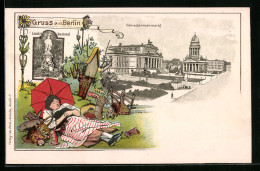 Delcampe - Lithographie Berlin-Tiergarten, Gendarmenmarkt, Lessing-Denkmal - Tiergarten