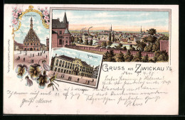 Delcampe - Lithographie Zwickau I. S., Teilansicht, Rathaus, Gewandhaus - Zwickau