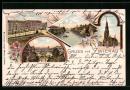 Delcampe - Lithographie Zwickau, Römerplatz, Marienkirche, Albertplatz - Zwickau