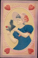Delcampe - Stoff CPA Valentinstag, Mädchen-Porträt, Herzen, Hut - Valentinstag