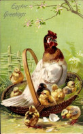 Delcampe - CPA Glückwunsch Ostern, Küken, Korb, Henne - Ostern