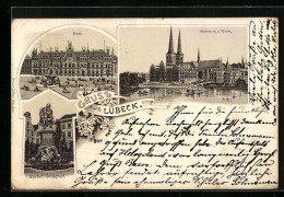 Delcampe - Lithographie Lübeck, Museum Und Dom, Post, Geibel-Denkmal - Lübeck
