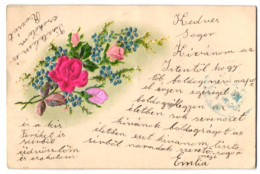 Delcampe - Stoff-Präge-AK Rosenblüte Und -knospe Mit Vergissmeinnicht - Sonstige & Ohne Zuordnung