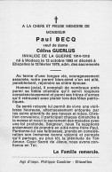 Delcampe - Avis De Déces - Doodprentje - Paul BECQ Veuf De Celina Guerlus -  1893/1979 - Todesanzeige