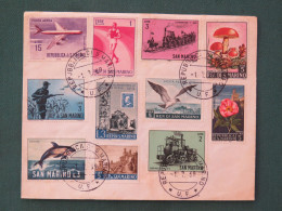 Delcampe - San Marino 1969 Cover With Many Stamps - Hunting Plane Dolphin Sport Running Train Bird Mushrooms - Cartas & Documentos