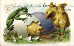 Delcampe - Lithographie Glückwunsch Ostern, Schlüpfendes Küken, Frosch - Ostern