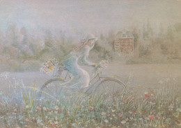 Delcampe - Finland Avni Koyun Art Woman On Bicycle With Flowers #SDT548 - Blumen