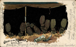 Delcampe - Artiste Lithographie Gruss Aus Dem Manöver, Soldaten Unterm Zelt, Schuhsohlen - Sonstige & Ohne Zuordnung